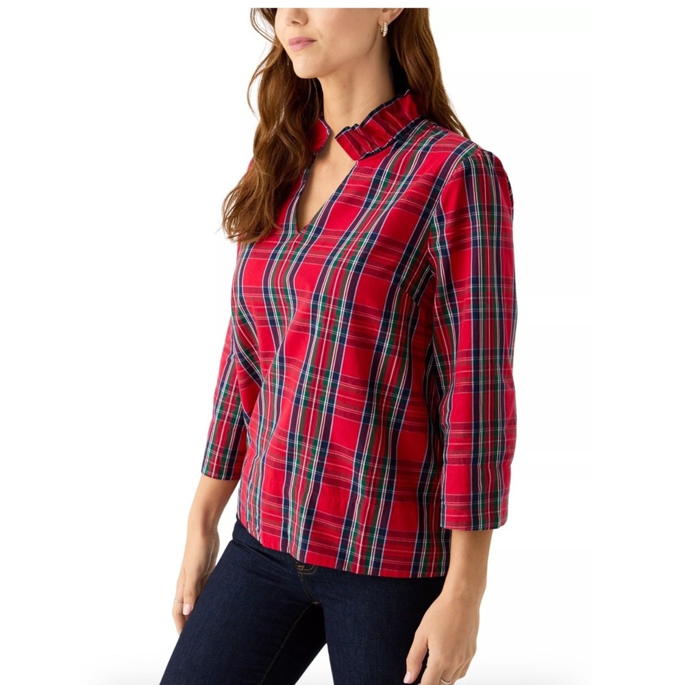 Crown & Ivy Plaid Split Neck 3/4 Sleeve Top Size L Holiday Christmas